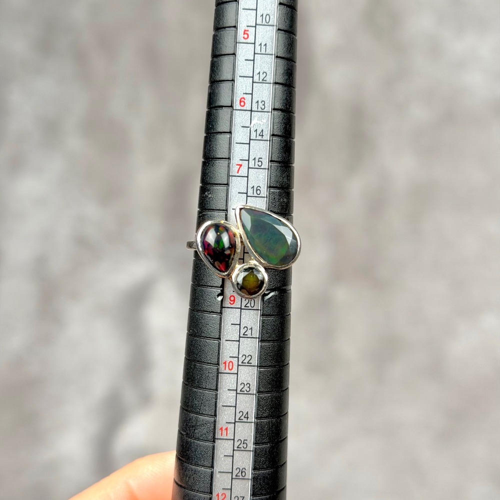 Whimsigoth Ethiopian Black Opal Silver Ring Size 8 Cluster Teardrop Round Oval